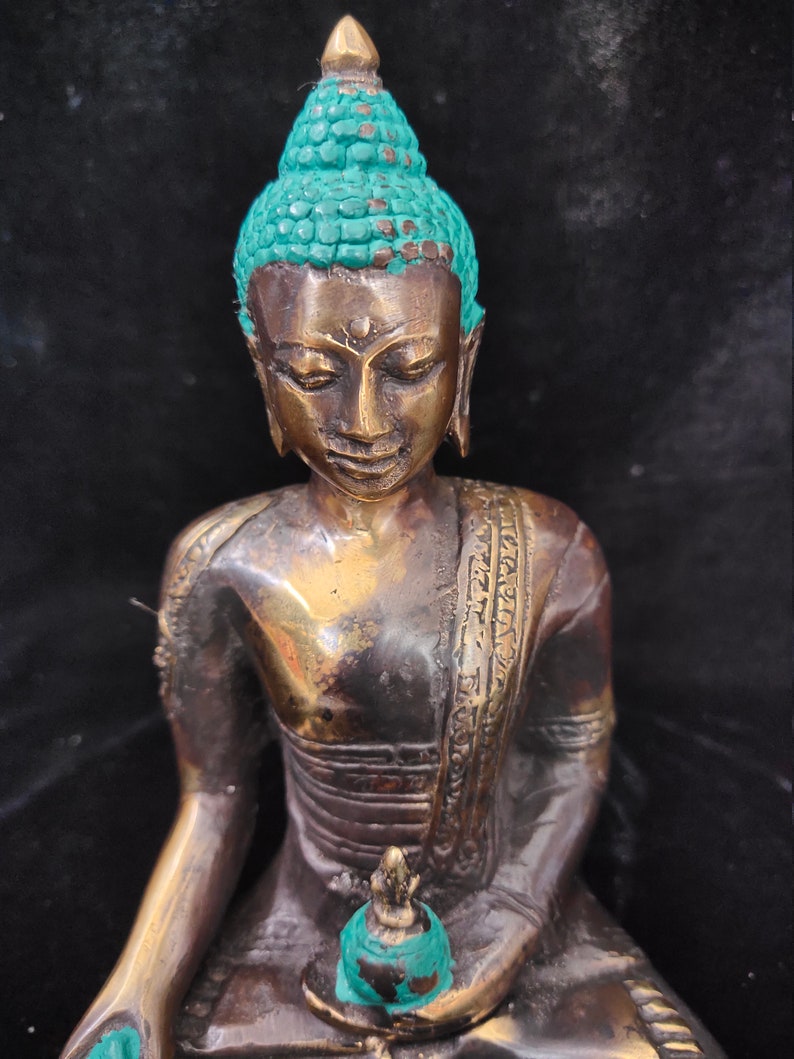 Bronze Buddha Turquoise Head Statue Seated in transcendental Meditation yoga Enlightenment Home Decor