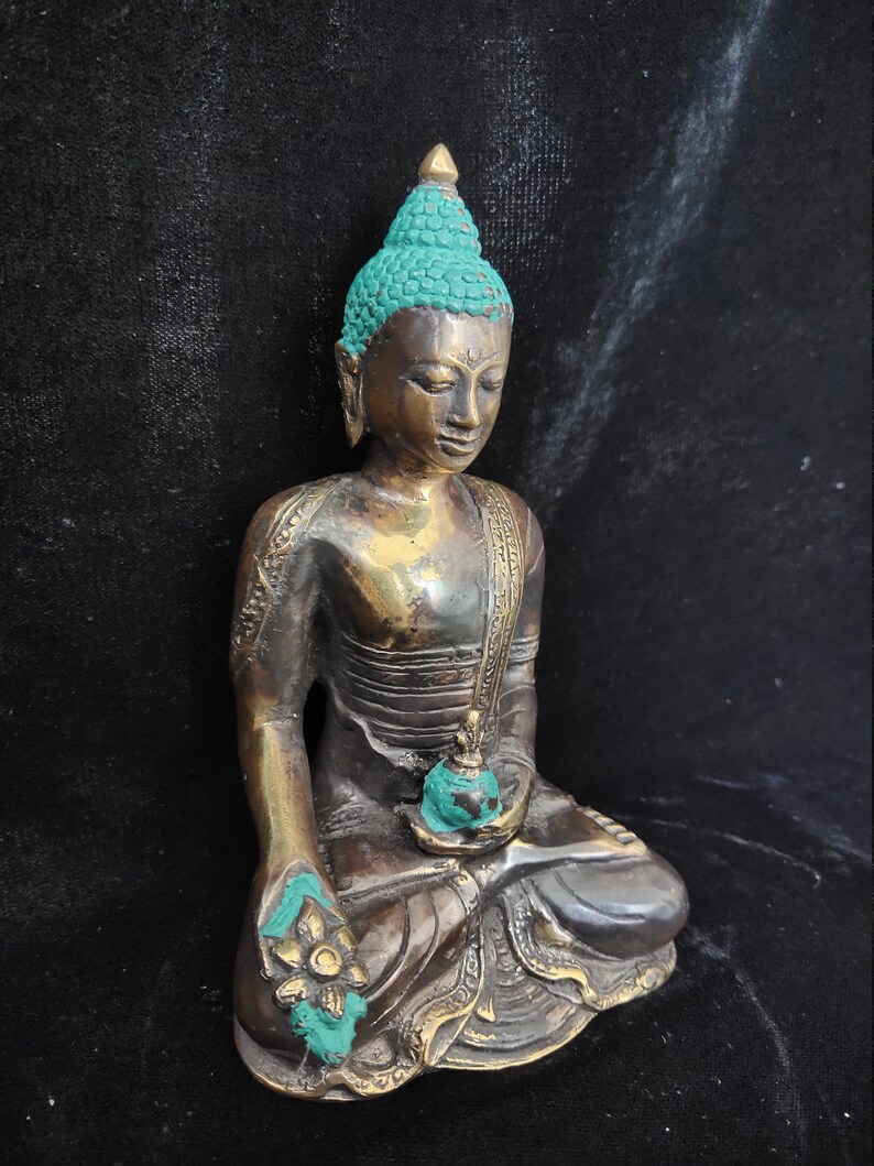 Bronze Buddha Turquoise Head Statue Seated in transcendental Meditation yoga Enlightenment Home Decor
