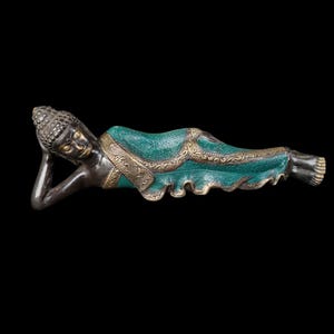 Estatua de Buda reclinado: Escultura de bronce turquesa y latón para decoración de altar, 35,5 cm (14").