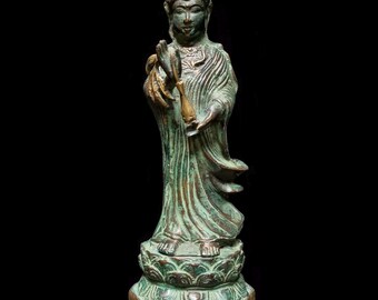 Mini Quan Yin Bronze Statue | Grüne Patina Altardekoration, 30 cm