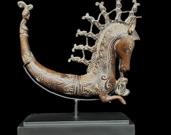 Mystical Sea Horse Brass Bronze Statue 12"Vessel  Sumatran Ritual Seahorse Naga Morsarang Sculpture from Indonesia