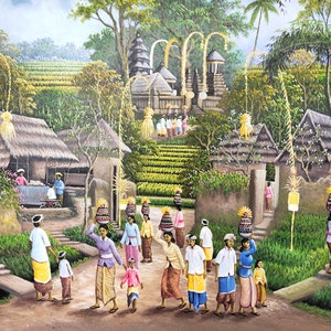 Traditional Balinese Galungan Bali Painting Ceremony, Spiritual Event, Mud Huts Village Ubud Indonesia, Temple Prayer