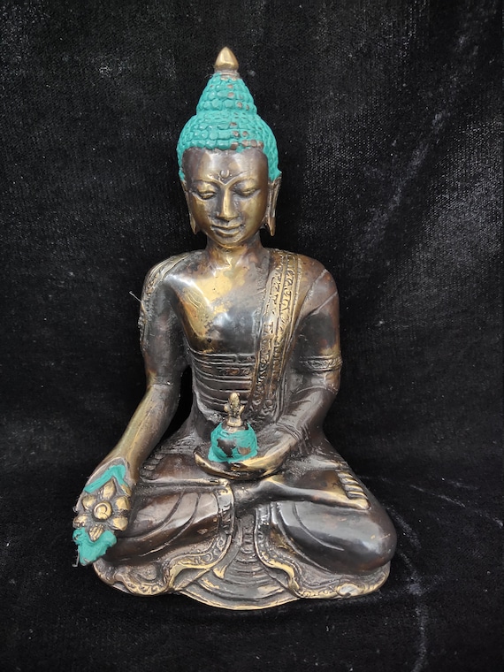 Bronze Buddha Turquoise Head Statue Seated in transcendental Meditation yoga Enlightenment Home Decor