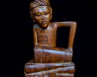 Pita Maha Drummer Wooden Statue 1940 Balinese Carved Wood Sculpture Fine Art