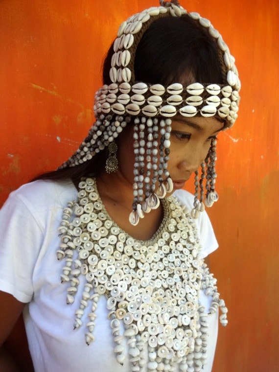 Boho Fashion Shell and Beads Headdress Adornment Island Tribal Papua Style Burning man Head Piece Cochella Dancing Rio Show Girl art