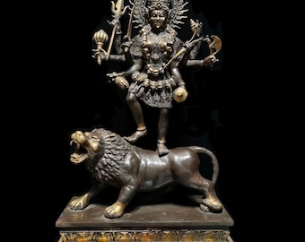 Large Kali Durga Goddess Standing on Lion, Mahakali Bronze Statue, 21&quot; Hindu God Idol, Hindu Spiritual Gift