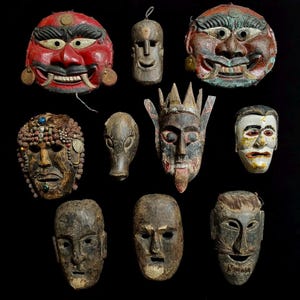 Ingelegde patina zeldzaam sjamanistisch houten masker Nepal gesneden houten masker 10&quot; oude primitieve Tibetaanse kunst