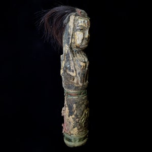 Real Human Hair Tribal Ancestor Figure Nepal Wood Shaman Sculpture 11&quot; Carved Statue Tibetan Art
