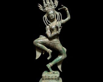 Black Friday Early Christmas Apsara Statue : Verdigris Patina Khmer Style Home Decor 15.5"