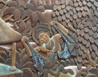 Rare Vintage Balinese Wood Panel Board Hand Carved Traditional Gamelan Bali Dancers