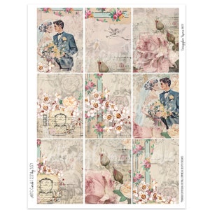 Retro Wedding Junk Journal ATC ou ACEO Tags imprimíveis para lixo eletrônico ou álbum de recortes digital