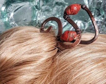 Red Coral Copper Hair Clip: Wire Wrapped Gemstone Barrette 