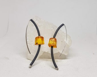 Amber earrings Long sterling silver earrings Modern earrings Rubber jewelry Contemporary earrings Statement earrings Git for her