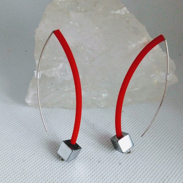 Contemporary earrings Long sterling silver Rubber jewelry Statement earrings Modern earrings Gift for her FREE SHIPPING