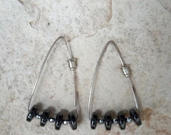 Contemporary earrings Long sterling silver earrings Statement earrings Modern earrings Hematite and pyrite earrings FREE SHIPPING