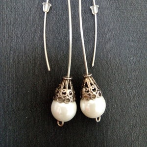 Contemporary earrings Long sterling silver earrings Modern art earrings Statement earrings Pearl earrings Wedding earring FREE SHIPPING
