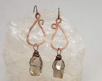 Earrings, Handmade copper wire earrings with Smoky quartz stone, Chandelier earrings, Copper wire earrings with gemstone,  FREE SHIPPING