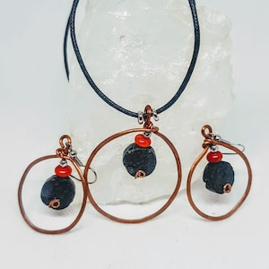 Lava and Coral Jewelry Set,Modern Jewelry Set,Copper Wire Jewelry Set,Wire  Wrapped Copper Jewelry,Gemstone Necklace,Boho Wire Earrings