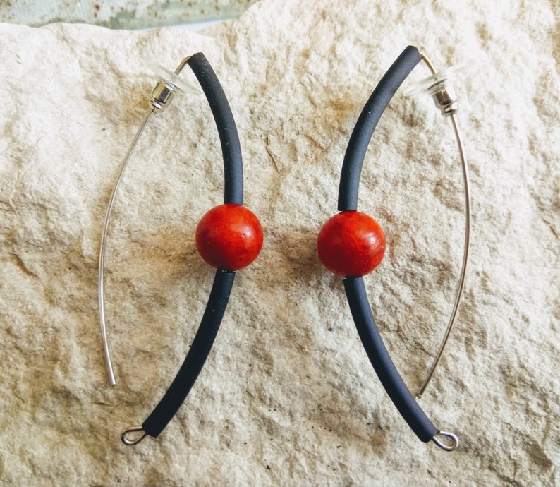 Contemporary earrings Rubber earrings Sterling silver earrings Spog Coral earrings Modern earrings Black earrings FREE SHIPPING image 1