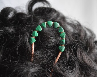 Metal Hair Stick Copper Hair Pin with Malachite Stone Barrette Hair Pin Hair Accessories Hair Stick Hair Jewelry Gift for her