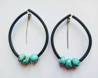 Contemporary earrings,  Long sterling silver earrings, Rubber jewelry, Statement earrings, Modern earrings Turquoise earrings  FREE SHIPPING