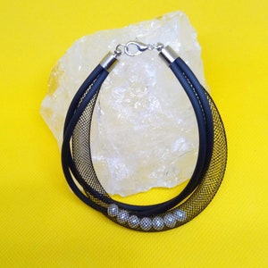 Contemporary jewelry, Modern bracelets, Mesh bracelets with Freshwater pearls, Unique bracelets, Black rubber bracelets FREE SHIPPING