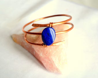 Bracelet Copper wire bracelet with Lapis lazuli stone Wire wrapped bracelet Boho jewelry Women bracelet  Cuff, FREE SHIPPING