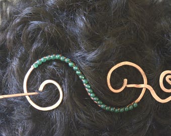 Copper Hair Clip, Metal Hair Holder, Shawl Pin, Hair Slide with Green Agatha Stones, Spiral Hair Barrette, Hair Accessories FREE SHIPPING