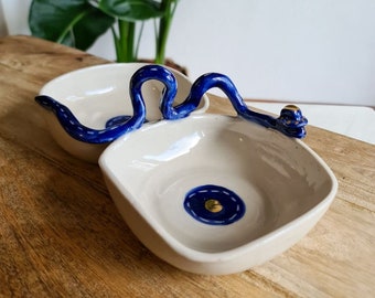 Stoneware double nuts bowl; snake design ceramic