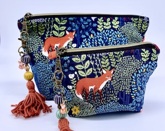Fox Cosmetic Bag, Navy Floral Foliage, Enamel Charm Zipper