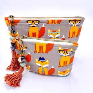 Professor Fox Handmade Organizer Tasche für Schule, Reisen, Make-up.  Reißverschluss, weiche Polsterung, komplett gefüttert, Perlenanhänger und Quaste. 2 Größen.