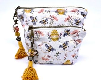 Honey Bee Cosmetic Bag: Floral Beehive Pouch with Charm