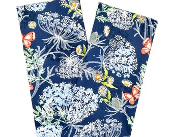 Pair Floral Summer Dish Towels, Denim Blue, Queen Anne's Lace & Butterflies. Decorative Tea Towel. Size 23" x 20" (58cm x 51cm) Hostess Gift