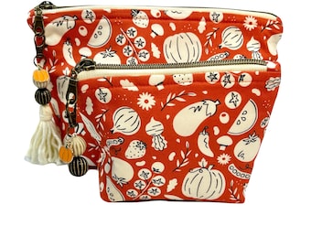 Handmade Vegetable Market Cosmetic Bag: Organic Cotton Padded Pouch with Zipper and Tassel