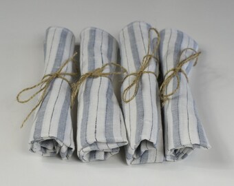 Set of 4 Kitchen/Wash Cloths, size 12" x 14" Organic flax linen, White with blue stripes, vintage-look linen. Washable, reusable linen
