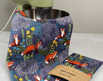 Orange Fox Cotton Tea Towel, Blue Floral Print