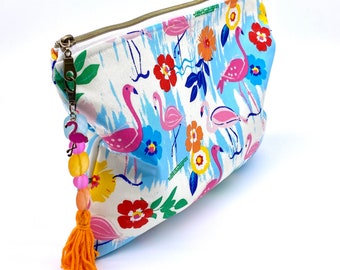 Beach Vibes Extra-Large Flat Pouch. Travel Bag, Cosmetic Pouch. Pink Flamingoes, Hibiscus Flowers on Blue & White Background. Size 13.5"x11"