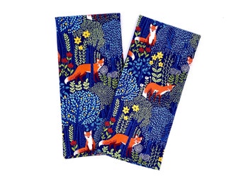 BESTSELLER Pair of Orange Fox Dish Towels, Hand Towels, Large Napkin, Size 23"x21" (63cm x 53cm) Navy Background, Hostess Gift