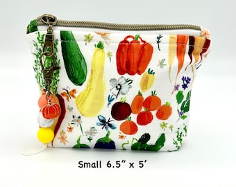 Garden Veggies Zipper Pouch: Lined Makeup Bag with Enamel Charm
