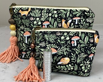 Fox Cosmetic Bag, Fully Lined, Lightly Padded. Fox, Mushroom, Acorn Design, Antique-look Zipper &  Fox Charm. Gift Card Holder in Two Sizes