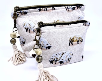 Grazing Sheep Cosmetic Bag: Handmade Lined Project Pouch with Sheep Charm
