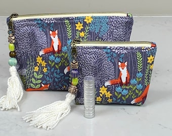 Fox Cosmetic Bag, Woodland Floral Print, Antique Zipper Charm