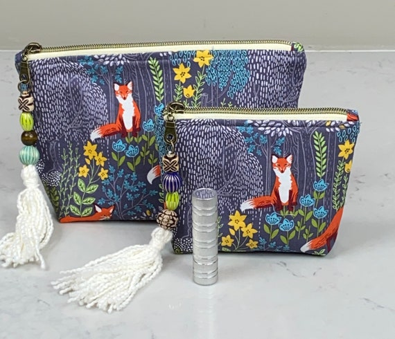 Fox Cosmetic Bag, Woodland Floral Print, Antique Zipper Charm