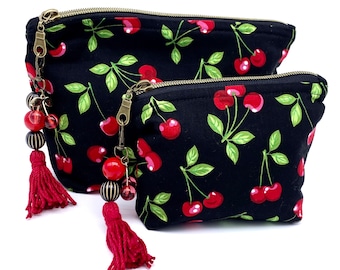 Red Cherries Cosmetic Bag: Fully Lined, Lightly Padded, Zipper Close, 2 Sizes.