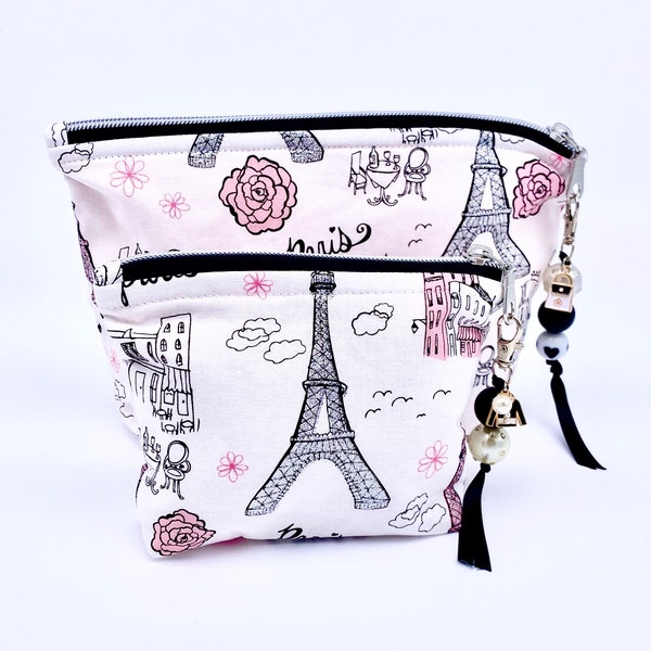 Paris Chic Zipper Bag, Glittery Pink & Eiffel Towers, Pink Flowers, Beaded Black Ribbon Zipper Pull. Fully Lined, Lightly Padded. 2 Sizes