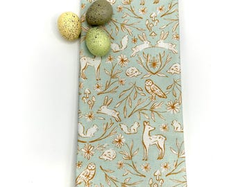 Pale Aqua Tea Towel, Woodland Rabbits, Deer, Mushrooms, 100% Cotton Dish Towel