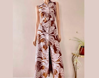 Vintage 1970s Silk Shantung Botanical Print Sleeveless Maxi Hostess Dress, Medium