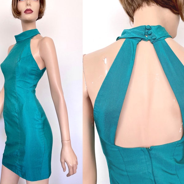 Vintage 80s minidress, cutaway back turtleneck bodycon by Cue, peacock green, size 4 size 6 xxs