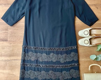 Vintage 60s Deja Petite LBD Black Crepe Lace Sequin Cocktail Mini Dress, Size Small