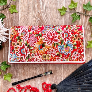 Vintage 1960s evening clutch | oriental floral embroidered silk rectangular envelope purse | brilliant red